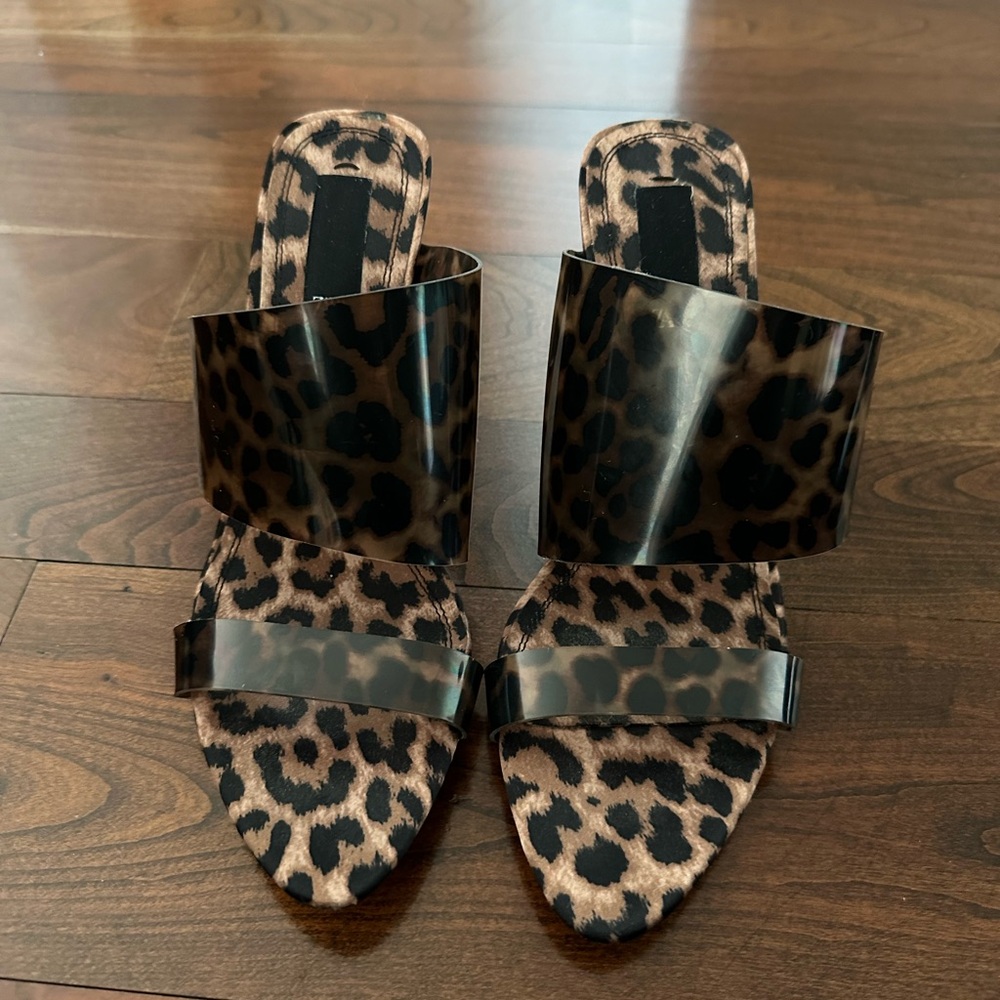ZARA: ANIMAL PRINT VINYL HIGH HEELED MULES; LEOPARD; SIZE 7.5/EU 38